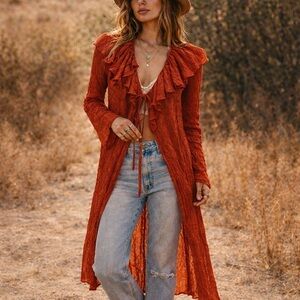 Burnt Orange Ruffle Tie-Front Cardigan XL Sheer Romantic Fall Layering Boho EUC